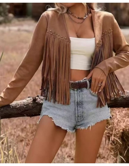 Chaqueta flecos tachuelas antelina